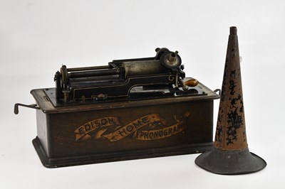 Lot 52 - EDISON; a cased Home phonograph, with horn.