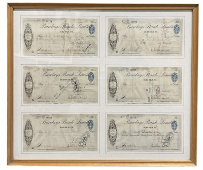 Lot 1600 - A framed montage of six 1930s paid cheques...