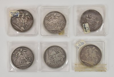 Lot 1581 - Six George III and later silver crowns,...