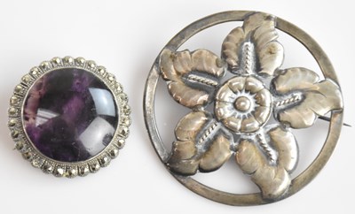 Lot 148 - A sterling silver and blue john set brooch of...