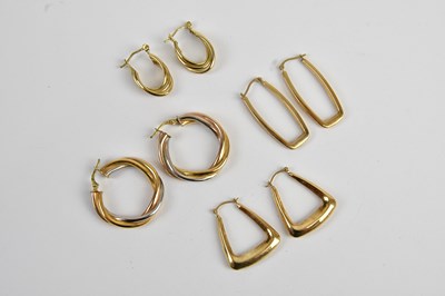 Lot 175 - Four pairs of 9ct gold earrings, including...