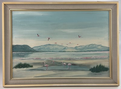 Lot 1548 - NANCY DOD; oil on board, 'Flamingo at Lake...
