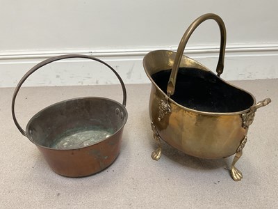 Lot 598 - A 19th century brass jam pan and a brass coal...