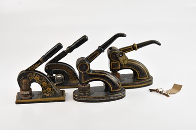 Lot 502 - Four Victorian black and gilt painted letter...