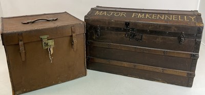 Lot 801 - A linen and leather bonnet box with inner tray...