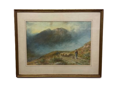Lot 444 - HARRY WILLIAMS; watercolour, moving sheep in...