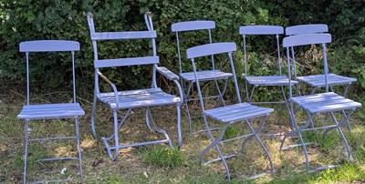 Lot 1431 - A set of six blue painted metal and wood...