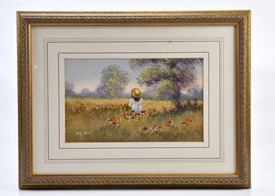 Lot 1031 - MARY SHAW; oil on board, girl in flower field,...