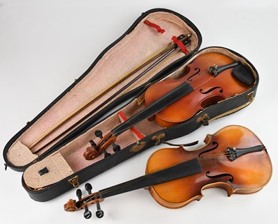 Lot 13 - Two full sized two-piece back violins, length...