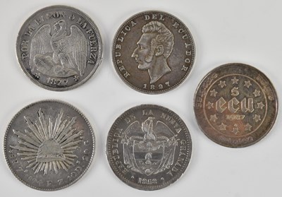 Lot 1493 - Five assorted silver South American coins,...
