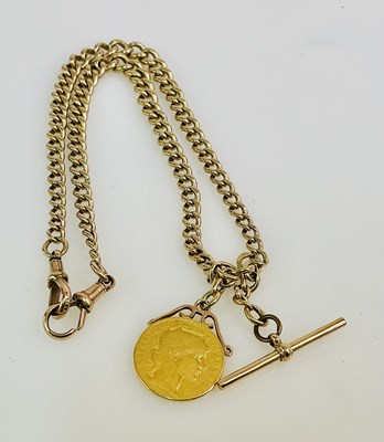 Lot 700 - A 9ct T bar Albert watch chain, with a mounted...
