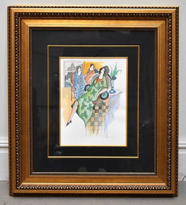 Lot 1017 - ITZCHAK TARKAY; watercolour, three seated...