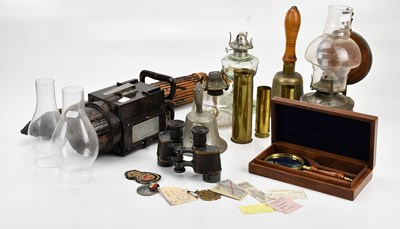 Lot 575 - A wall mounted oil lamp, with two glass oil...