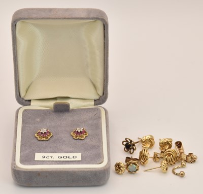 Lot 1372 - Five pairs and two single 9ct gold and gold...