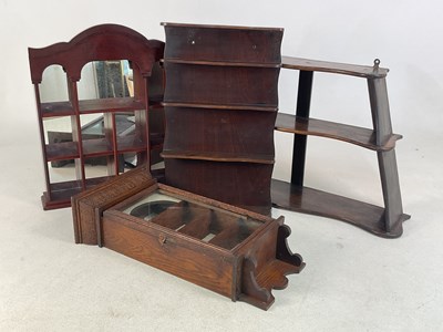 Lot 850 - Four oak and mahogany wall shelves, one mirror...