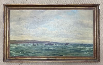 Lot 458 - F W MEYER; oil on board, 'The Devon Coast',...