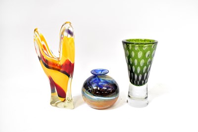 Lot 704 - Three retro glass vases of varying forms,...