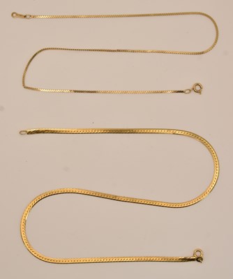 Lot 1319 - Two 9ct yellow gold semi-rigid necklaces, both...