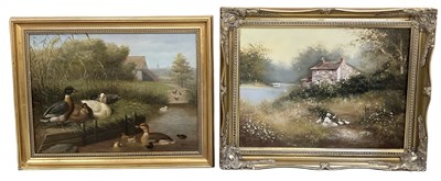 Lot 286 - A modern oil on canvas, rural scene, ducks on...