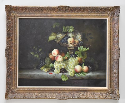 Lot 1617 - E HOLLIS; oil on canvas, still life with fruit,...