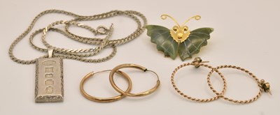 Lot 1290 - A gold plated and carved jade butterfly brooch,...