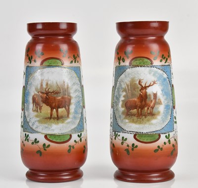 Lot 1223 - A pair of late Victorian painted opaque vases,...