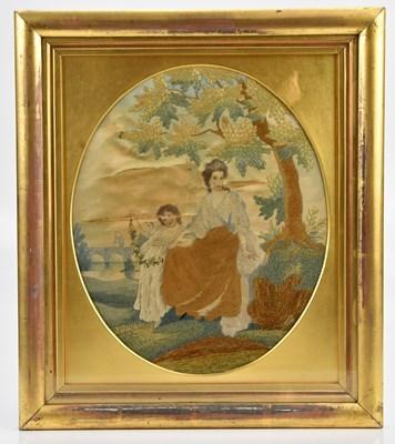 Lot 1485 - A late 18th century needlework on silk panel...
