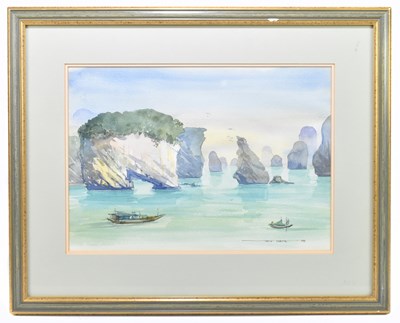 Lot 1366 - TONY MATTS; watercolour, Far East coastal landscape
