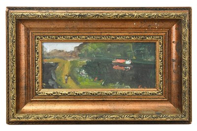 Lot 1609 - ERIC ENGLAND; oil on board, canal scene,...