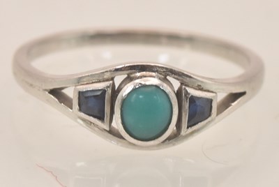 Lot 1250 - A white metal turquoise and sapphire set three...