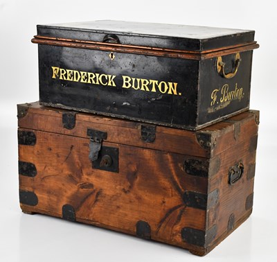 Lot 486 - A metal bound stained pine travelling chest,...