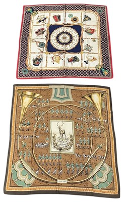 Lot 442 - HERMÈS; an 'Sonneurs de Trompe' silk scarf, 90...