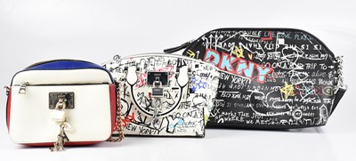 Lot 1428 - DKNY; a black leather handbag embellished with...