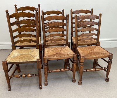 Lot 123 - A near set of six oak ladderback country...