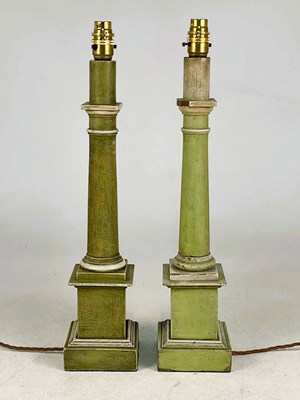 Lot 621 - A near pair of painted wood column table lamps...