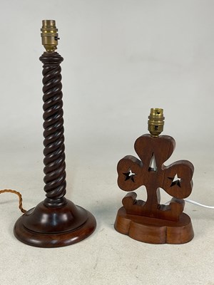 Lot 634 - A mahogany barley twist column table lamp,...