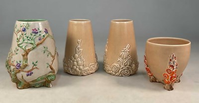 Lot 176 - CLARICE CLIFF; four vases, all with a raised...