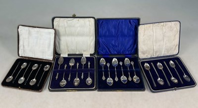 Lot 454 - Four cased sets of hallmarked silver coffee...