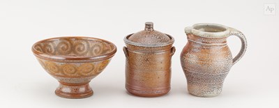 Lot 49 - BARRY HUGGETT; a salt glazed jar and cover,...
