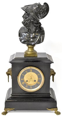 Lot 79 - A Victorian slate mantel clock, surmounted...