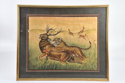 Lot 1197 - An Indian watercolour, tiger attacking deer,...