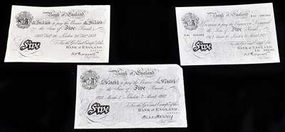 Lot 1334 - THREE £5 NOTES; 1922, Harvey, C8697691