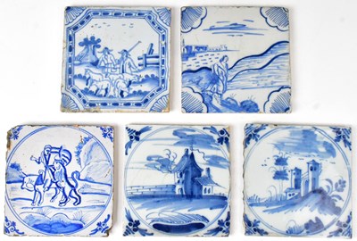Lot 200 - Five 18th century English blue and white tiles,...
