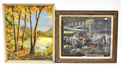 Lot 771 - UNATTRIBUTED; mixed media street market scene...