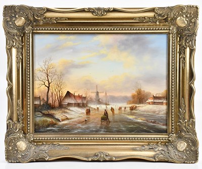 Lot 1096 - R CAVALLA; oil on canvas, Dutch winter scene...