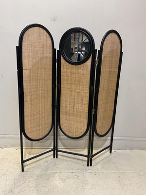 Lot 105 - An ebonised and straw three division screen,...