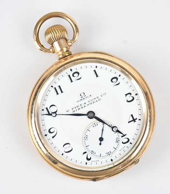 Lot 1042 - OMEGA; a crown wind gold plated open faced...