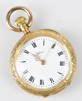 Lot 1032 - WALTHAM; an 18ct yellow gold crown wind open...