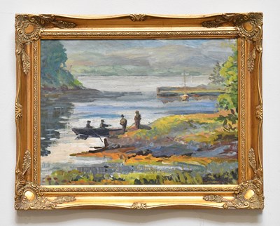 Lot 2347 - B SHACKMAN; oil on board, fishermen in boats,...