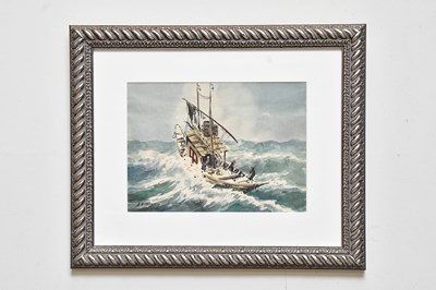 Lot 2305 - A B IBRAHIM; watercolour, fishing boat scene,...